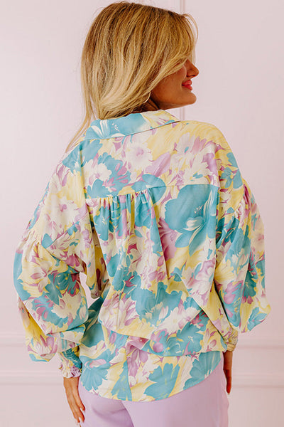 Chic Women's Oversized Yellow Floral Shirt with Shirred Cuffs for Effortless, Relaxed Style and Comfort