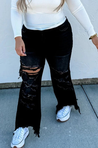 Trendy Women's Black Asymmetric Distressed Cowgirl Jeans with Raw Hem - Chic Fit for Casual Everyday Style