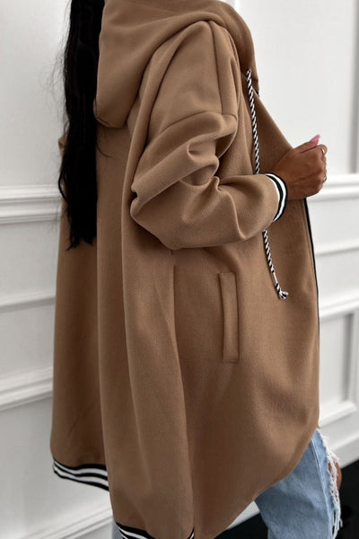 Stylish Women's Dark Khaki Cuffed Zip-Up Hoodie with Drawstring - Cozy Casual Sweatshirt for Everyday Wear