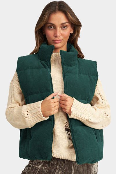 Chic Women's Jungle Green Corduroy Puffer Vest with Stand Collar and Zipper  Cozy Layer for Trendy Fall Looks