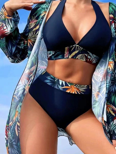 Navy Blue Tropical Print Halter Bikini Set with Cover Up - 3 Piece Ensemble