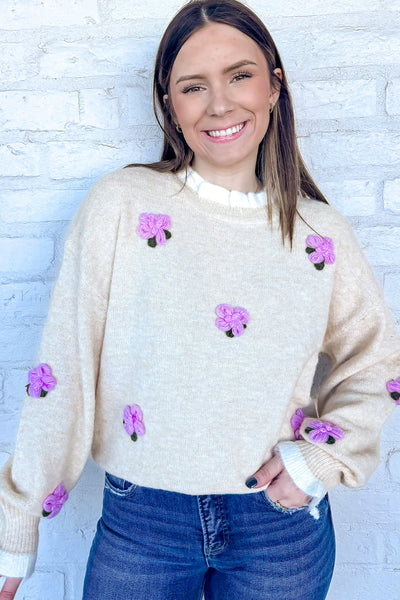 Beige Floral Contrast Trim Sweater for Women with Cuffed Sleeves Cute, Cozy Everyday Fashion Essential