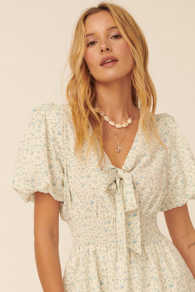 Floral V Neck Tie Puff Sleeve Smock Mini Dress