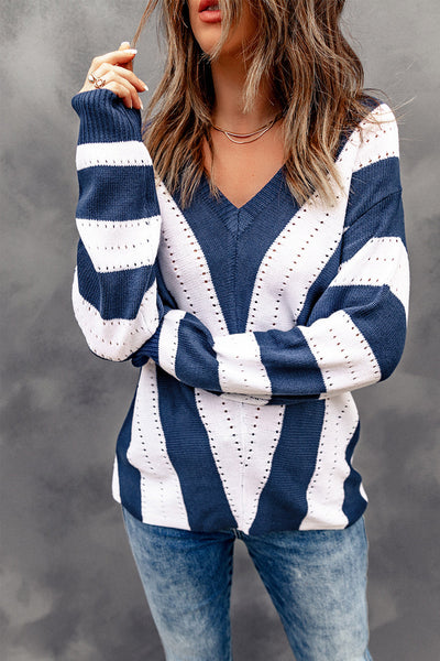 Cozy Women's Blue Striped Colorblock V-Neck Knit Sweater Perfect for Casual Chic Looks and Everyday Comfort