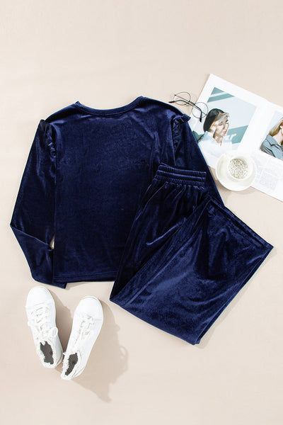 Chic Women's Navy Blue Velvet Ruffled Two-Piece Pants Set - Stylish Comfort for Casual and Dressy Events