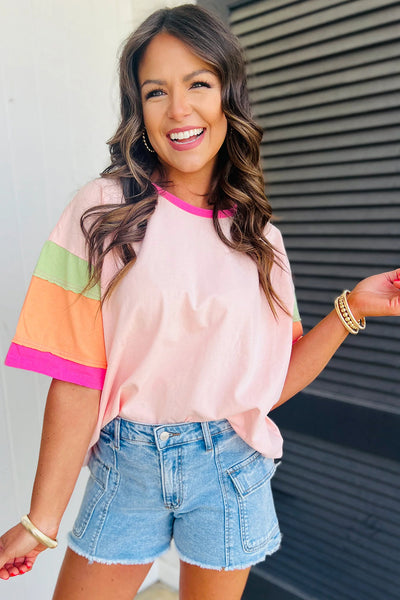 Women's Oversized Colorblock Cotton-Blend Top with Exposed Seams