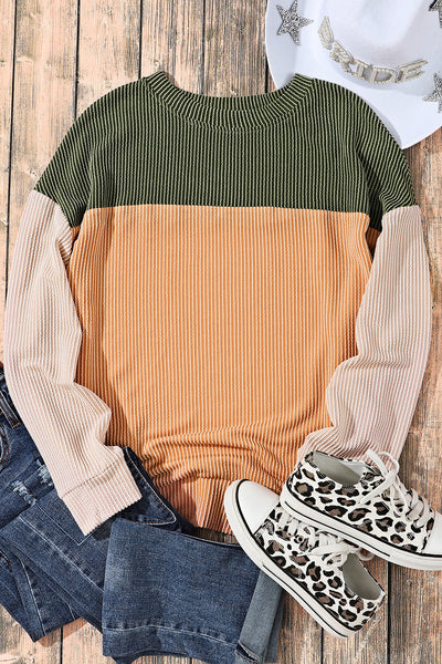 Stylish Women's Green Color Block Ribbed Long Sleeve Top - Relaxed Fit for Comfortable Everyday Casual Wear