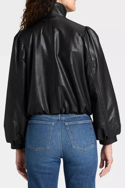 Chic Women's Black PU Leather Jacket with Zip Closure and Puff Sleeves - Trendy Outerwear for Stylish Looks