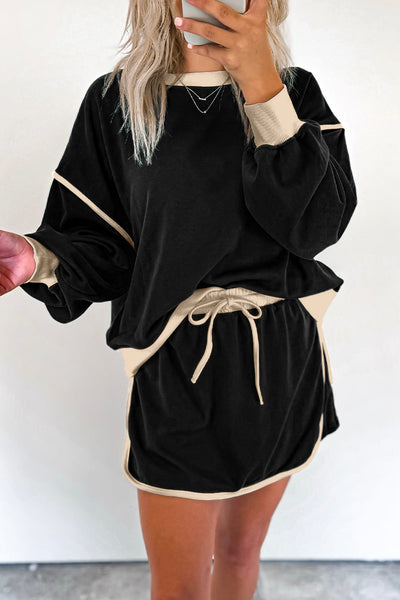 Stylish Women's Black Contrast Pullover & Lace-Up Waist Skort Set for Effortless Casual Elegance and Comfortable Fit