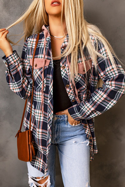Women's Pink Plaid Shacket with Hood & Drawstring - Trendy Layering Jacket for Effortless Casual Style