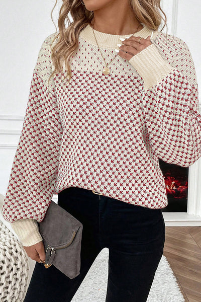 Chic Women's Red Lantern Sleeve Sweater with Stylish Contrast Patterns for Cozy Fall Fashion