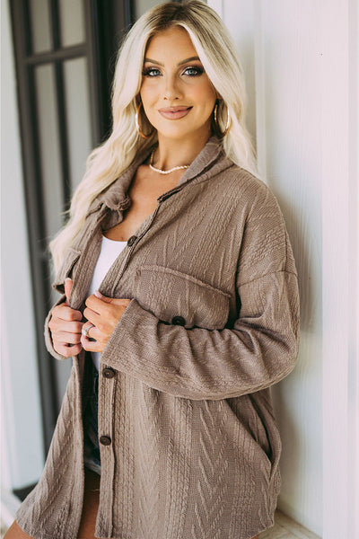Oversized Khaki Textured Knit Shacket with Button Front