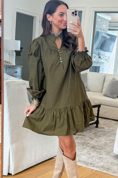 Women's Jungle Green Ruffled Collar Mini Dress with Button Placket - Flattering Casual & Party Style for Every Occasion