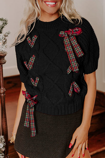 women's black plaid puff sleeve sweater with lace-up detail - stylish holiday top for festive occasions with practical styling and dependable