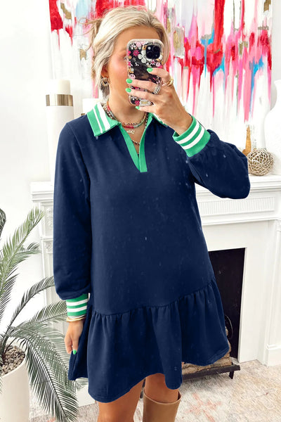 Navy Blue Long Sleeve Polo Mini Dress for Women with Ruffle Hem, Contrast Striped Cuffs & Stylish Patchwork Design