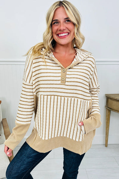 Trendy Women's Yellow Striped Hooded V-Neck Top with Textured Fabric & Contrast Ribbed Details for Casual Outfits