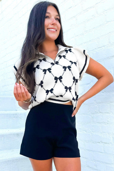 Women's Black Bow Print Zipped Collar Sweater Tee - Preppy Style, Comfortable Fit, Trendy Top for Casual Outings