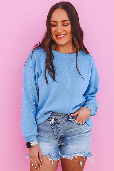 Cozy Women's Myosotis Drop Shoulder Pullover Sweatshirt with Pearled Sleeves - Chic Round Neck Top for Effortless Style
