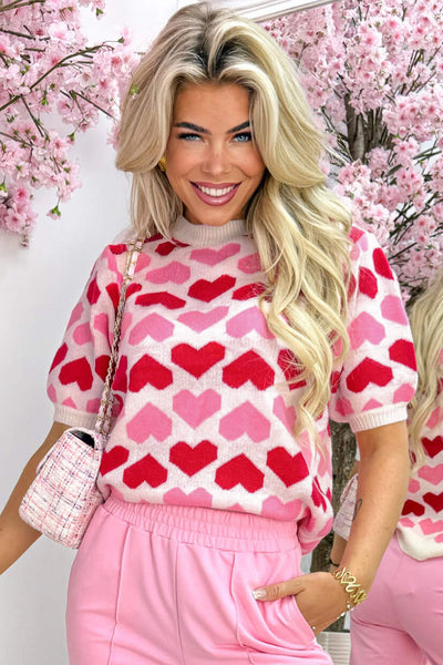Women's Pink Two-Tone Heart Print Women's Crew Neck Sweater - Cute Casual Short Sleeve Top for Valentine's Day Style