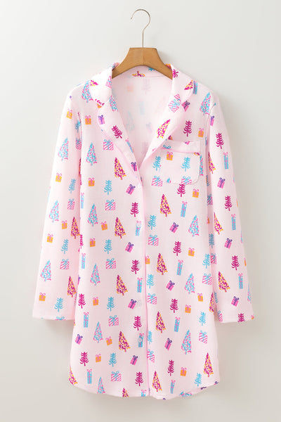Cozy Women's Pink Christmas Sleep Dress with Twinkle Tree Print - Relaxed Fit Holiday Nightwear for Festive Comfort