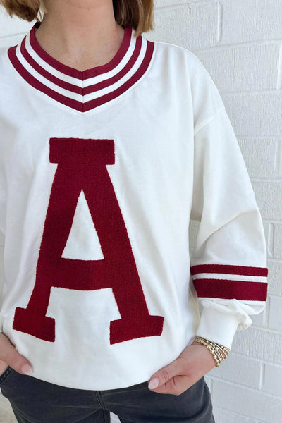 Trendy Women's Red Dahlia Chenille Varsity Sweatshirt with Puff Sleeves & Letter A Graphic Stylish V-Neck Fit