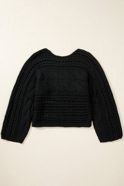Chic Women's Black Cropped Hollow-Out Cable Knit Sweater - Lightweight Fall & Winter Fashion Essential