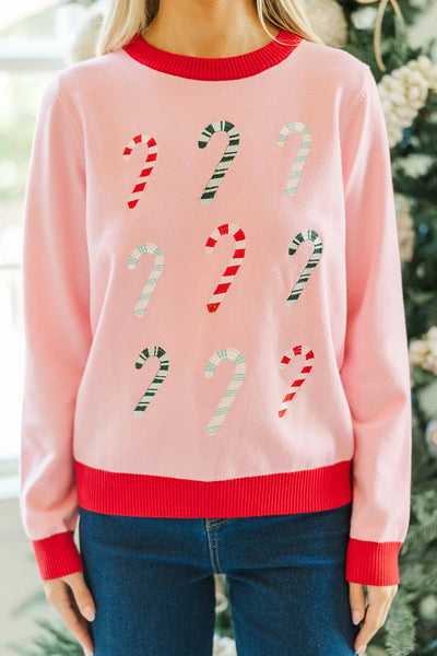Women's Cozy Gossamer Pink Color Block Sweater with Candy Cane Embroidery - Stylish Round Neck Design for a Chic Look