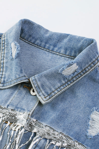 Women's Sky Blue Sequin Fringe Distressed Denim Jacket