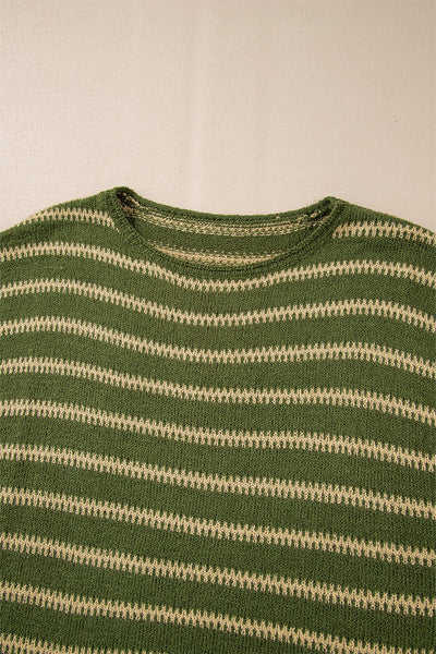 Cozy Women's Green Stripe Drop Shoulder Sweater - Effortless Casual Style for Everyday Comfort and Versatile Wear