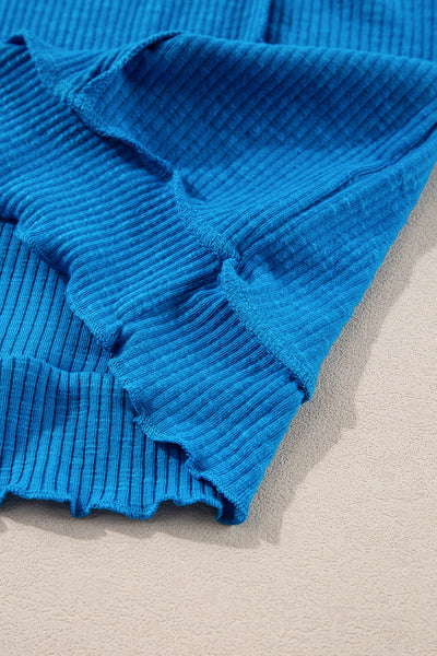 Women's Stylish Blue Ribbed Long Sleeve V-Neck Knit Top with Exposed Seams - Comfortable Everyday Essential