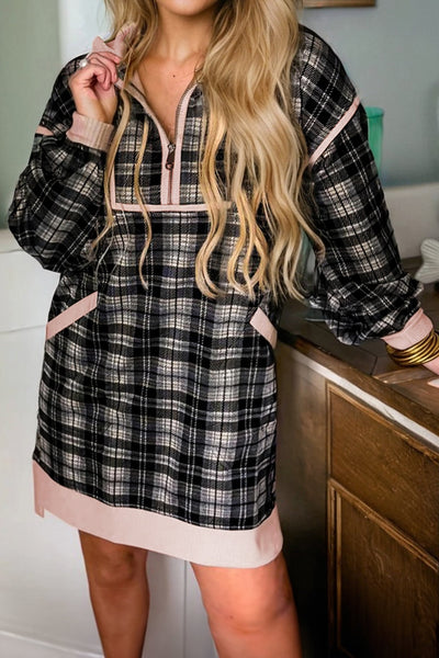 Women's Black Plaid Zip-Front Mini Dress with Pink Contrast Trim