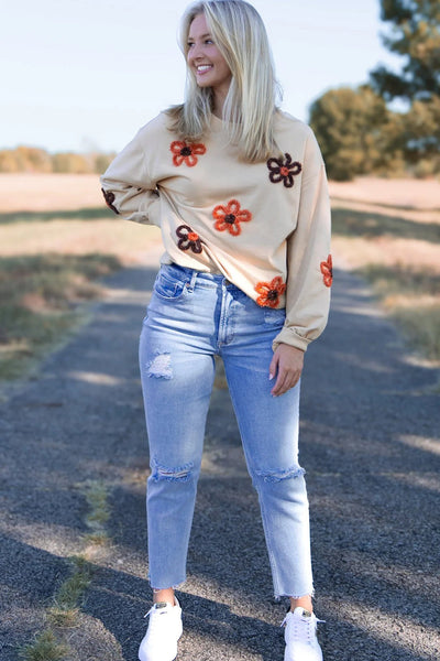 Cozy Chic Women's Sweatshirt in Jet Stream with Tinsel Flower Design - Relaxed Fit & Drop Shoulder for Casual Outings