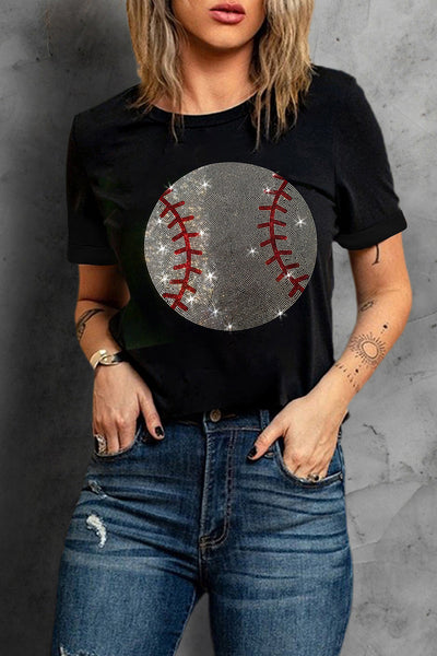 Rhinestone Embellished Baseball Graphic Tee with Round Neck