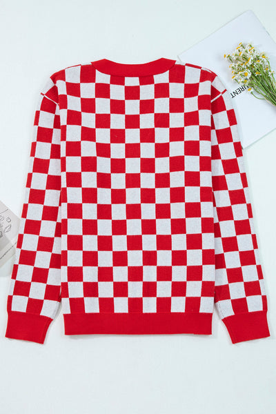 Cozy Women's Red Checkered V-Neck Cardigan Sweater for Festive Holiday Style and Comfort