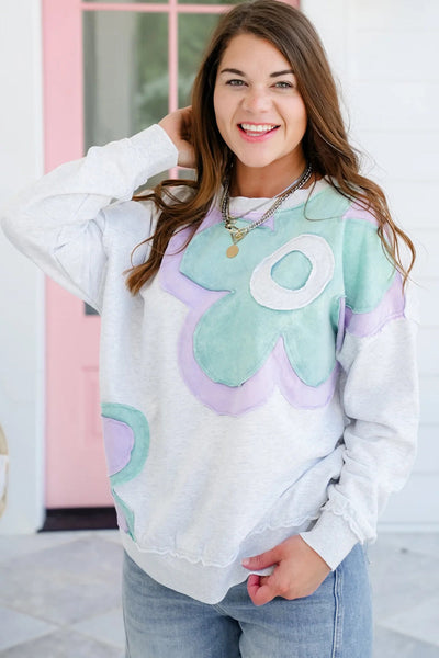 Trendy Women's Light Grey Long Sleeve Top with Color Block & Floral Patch - Casual Chic Fit for Everyday Wear