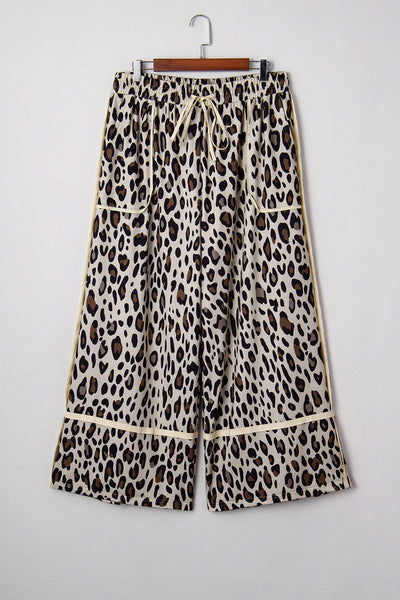 plus size women's khaki leopard print wide leg pants with drawstring pockets and exposed seams for chic comfort made for easy styling and wardrobe