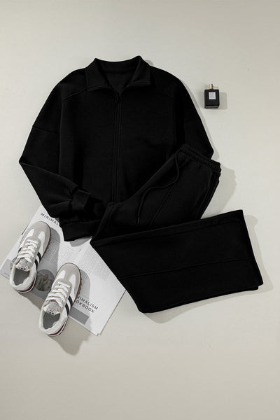 Women's Black Drop Shoulder Zip-Up Jacket & Drawstring Pants Activewear Set for Comfortable Fitness Style