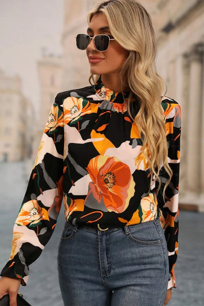 Elegant Women's Black Floral Mock Neck Blouse - Trendy Fit for Day or Night, Perfect for Any Occasion