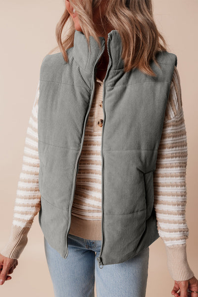 Women's Sage Gray Corduroy Puffer Vest with Stand Collar