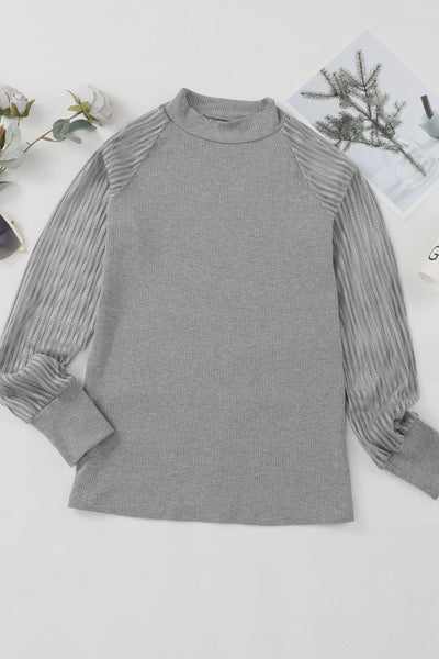Women's Ribbed Grey Crewneck Top with Sheer Striped Mesh Sleeves