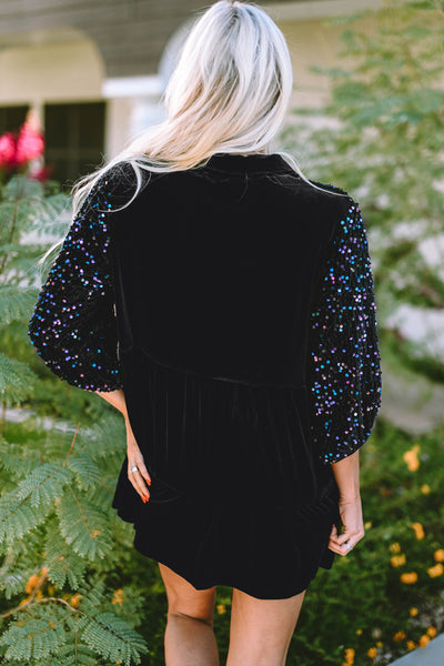 Chic Women's Black Velvet Peplum Blouse with Sequin Puff Sleeves Stylish Button-Up Top for Special Events