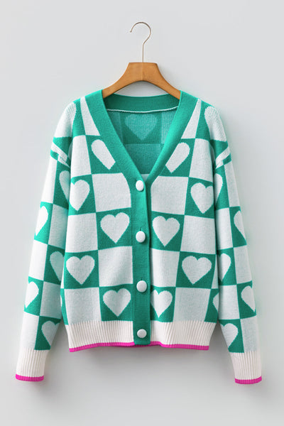 Women's Sea Green Heart Intarsia Checkerboard Knit Cardigan