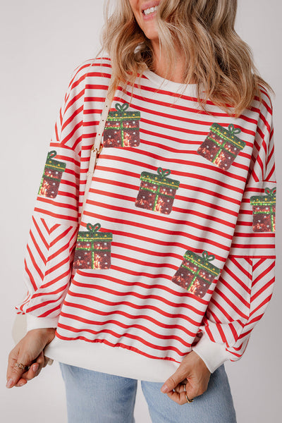 Women's Sequin Gift Box Striped Holiday Sweatshirt
