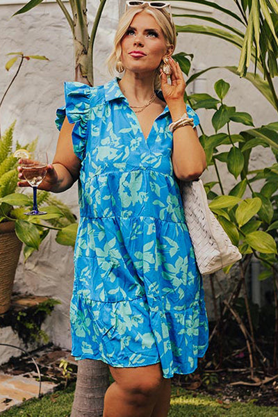 Sky Blue Floral Print Plus Size Flutter Sleeve Mini Dress with Button Detail