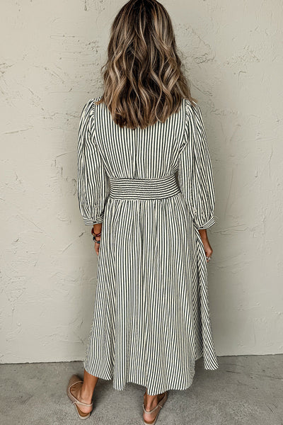 Chic Black Stripe V-Neck Midi Dress with Zip Front, Cinched High Waist for Effortless Women‚Äôs Style