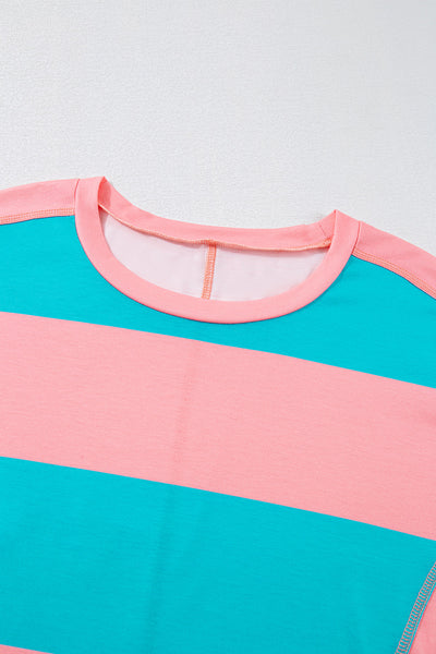 Women's Casual Light Blue Colorblock Striped Top - Chic Loose Fit Drop Shoulder Design for Everyday Comfort