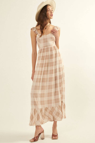 Plaid Sweetheart Sleeveless Open Back Maxi Dress
