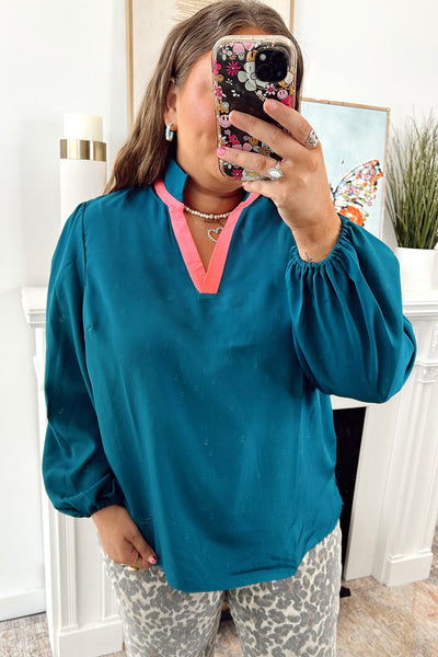 Plus Size Women's Blue Sapphire Long Sleeve Blouse with Contrast Trim & Split Neck for Chic Comfort and Style