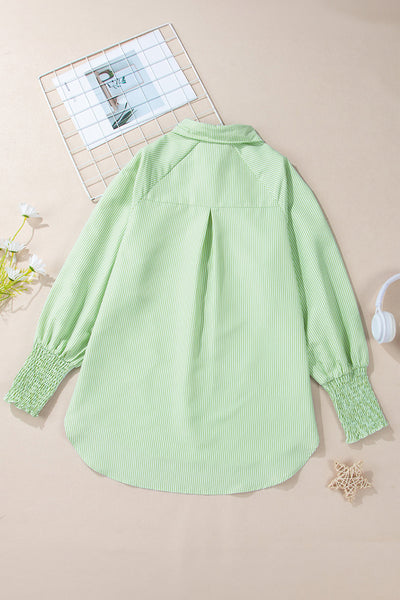 Women's Grass Green Pinstripe Button-Up with Smocked Cuffs