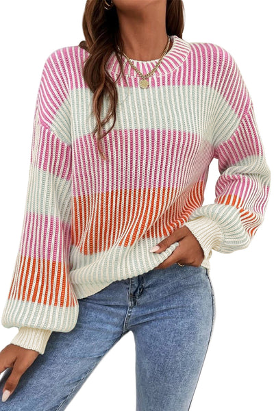Cozy Women's Pink Colorblock Bubble Sleeve Sweater - Textured Knit for Stylish Fall and Winter Fashion